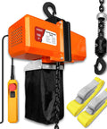 Heavy Duty 1100 Lbs Electric Chain Hoist With 120V Winch And 5ft Wired Remote Lift To 10 Feet For Garage Overhead Crane Pulley Mount With Emergency Stop Switch, showing orange hoist, chains, and yellow straps.