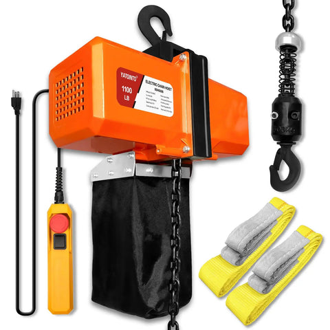 Heavy Duty 1100 Lbs Electric Chain Hoist With 120V Winch And 5ft Wired Remote Lift To 10 Feet For Garage Overhead Crane Pulley Mount With Emergency Stop Switch, showing orange hoist, chains, and yellow straps.