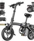 Powerful 1200W Folding Electric Bike For Adults With 48V 10Ah Battery, 14 Inch Tires, and accessories shown