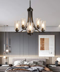 Five Light Black Glass Chandelier With Rustic Metal Pendant Lighting for Farmhouse Living Room Ceiling Mount E26 Base