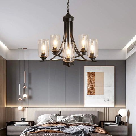 Five Light Black Glass Chandelier With Rustic Metal Pendant Lighting for Farmhouse Living Room Ceiling Mount E26 Base