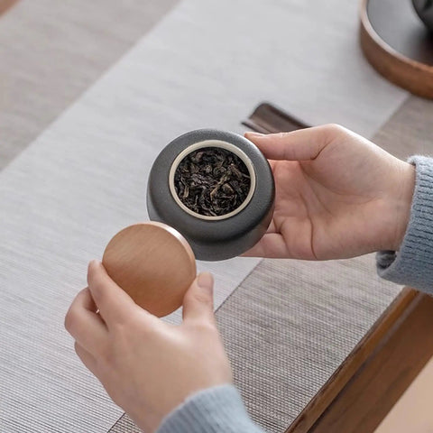 Kitchen Flex Ceramic Tea Canisters With Airtight Wooden Lids Lock In Moisture And Keep Your Coffee Hella Fresh Daily Stylish Porcelain Food Storage Jars Amazing For Pantry Organization Sets Of Four Crafted Well, open canister with dried tea.