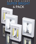 4 Pack Battery Operated Tap Light With Dual COB LED Panels Per Switch displayed with four white touch sensor lights