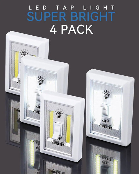4 Pack Battery Operated Tap Light With Dual COB LED Panels Per Switch displayed with four white touch sensor lights