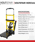 Voltstair Hercules Motorized Battery Stair Climbing Hand Truck Portable Electric Dolly showing specs like 500 lb lift capacity and lithium-ion battery.