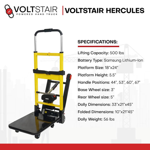 Voltstair Hercules Motorized Battery Stair Climbing Hand Truck Portable Electric Dolly showing specs like 500 lb lift capacity and lithium-ion battery.