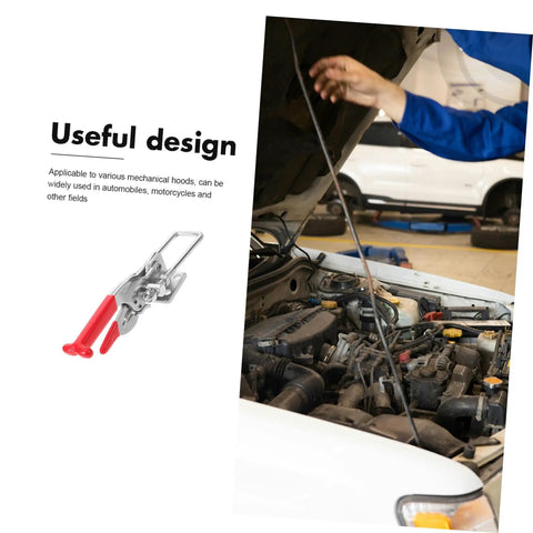 Rubber T Handle Hasp Latch For Toolboxes And Car Hoods shown with open car hood and latch close-up