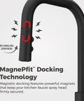 Matte Black 1 Handle Pull Down Kitchen Faucet With MagnePfit Magnetic Dock showing close-up of spray head docking mechanism.