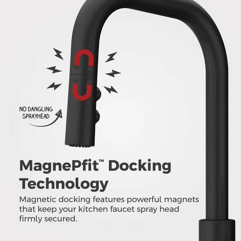 Matte Black 1 Handle Pull Down Kitchen Faucet With MagnePfit Magnetic Dock showing close-up of spray head docking mechanism.