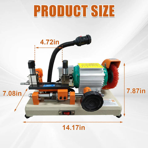 110V Upgraded Horizontal Key Cutter with brush and motor, dimensions labeled for precise auto home and office key cutting.