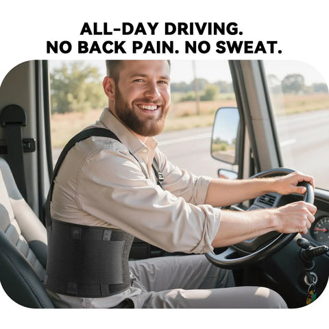 Man driving truck wearing adjustable lower back support belt built for tough work all day pain relief for sciatica and herniated discs.