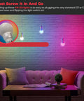 LED color changing light bulb with remote control, 16 colors in action, illuminating a living room with vibrant hues.