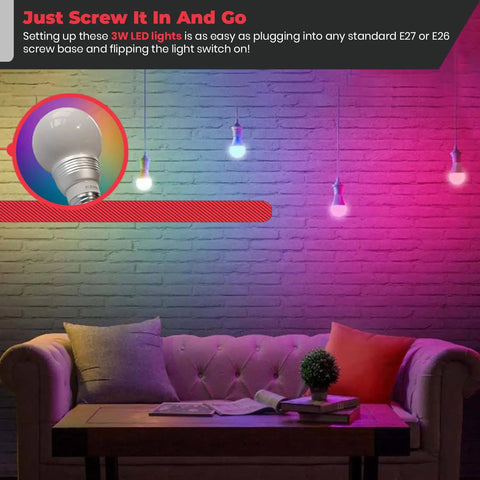 LED color changing light bulb with remote control, 16 colors in action, illuminating a living room with vibrant hues.