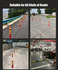 4 images showing 3 Pack Fixed Heavy Duty PVC Parking Bollards With Expansion Bolts Flexible Traffic Delineator Posts in use