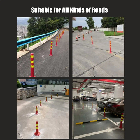 4 images showing 3 Pack Fixed Heavy Duty PVC Parking Bollards With Expansion Bolts Flexible Traffic Delineator Posts in use