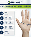 Halyard gloves size guide showing hand measurement chart for sizes XS to XL