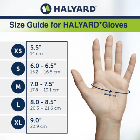 Size guide for Halyard gloves hand measurement chart showing XS to XL glove sizes in inches and centimeters.