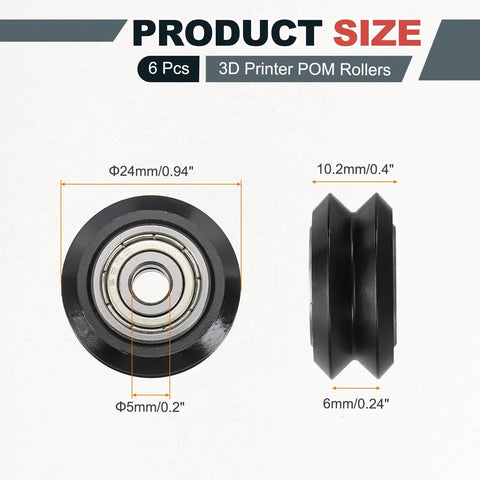 POM V Slot Pulley Wheels Set With 625zz Bearings For Slick High Speed Gantry Motion In DIY 3D Printers And CNC Machines 24mm OD 5mm ID 6mm Wide Black Finish, 6 pcs
