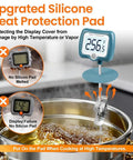Digital Candy Thermometer With 10 Inch Long Probe And Pot Clip, Rotating Big Display shown in use with silicone protection pad