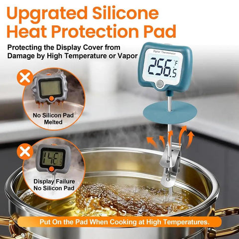 Digital Candy Thermometer With 10 Inch Long Probe And Pot Clip, Rotating Big Display shown in use with silicone protection pad