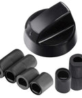 Universal Stove Knob Replacements for Oven and Range Burners Kit KN002 with Short and Long Adapters in black, showing parts.