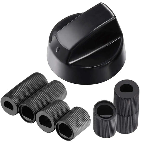 Universal Stove Knob Replacements for Oven and Range Burners Kit KN002 with Short and Long Adapters in black, showing parts.