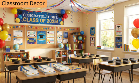 Classroom decorated for graduation with colorful balloons, banners, and books on desks for Class of 2025 celebration.