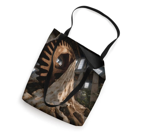 Cool Industrial Abandoned Factory Gear Machine Tote Bag With Double Stitched Handles And Reinforced Bottom For Heavy Duty School Or Work Haul, view of bag against factory gear.