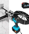 Smooth Operator Wall Mounted Cable Puller With Six Steel Guide Wheels And Thirty Meter Stringing Wire Cordless Electric Wire Threader At Forty Meter Per Minute For Painless Pipe Run Jobs with guide wheels and wire.