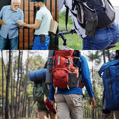 Collage of Rugged Phone Holster Belt Pouch For Large Smartphones, MOLLE Carry Case With Belt Clip in various outdoor settings.