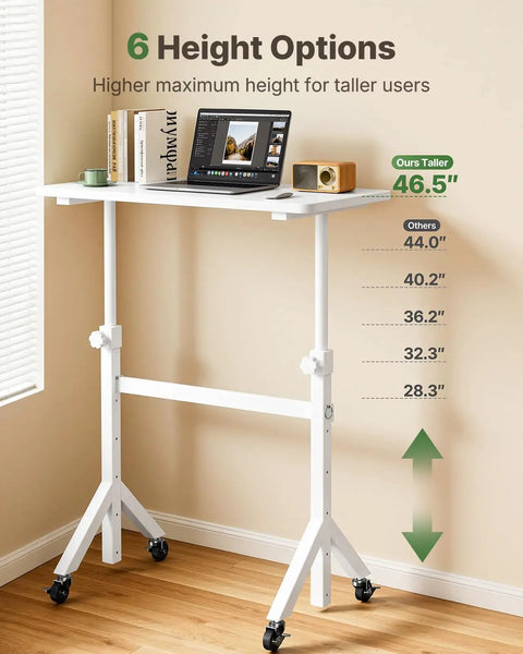 Top Shelf Rolling Sit Stand Desk With Six Height Settings And Secure Lockable Casters Crafted For Taller Buyers To Hit The Posture Sweet Spot And Keep Your Home Office Crisp Daily, showing height options.