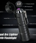 Black Windproof Plasma Arc Lighter And LED Flashlight 2 In 1 for Camping Hiking and Emergencies showing details and features