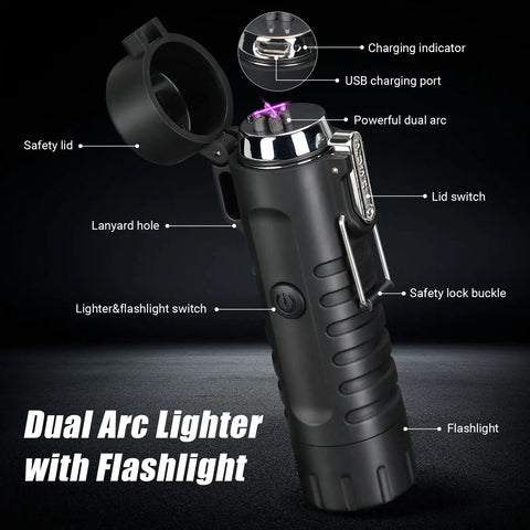 Black Windproof Plasma Arc Lighter And LED Flashlight 2 In 1 for Camping Hiking and Emergencies showing details and features