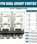 Two Pack JQX-13FL 12V DC Coil DPDT Power Relay With LED Indicator showing dual group contacts and terminal guide