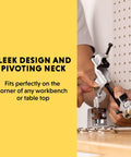 Side view of General Tools Drill Grinding Attachment #825, metal gray with clamps on a workbench.