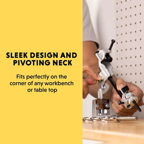 Side view of General Tools Drill Grinding Attachment #825, metal gray with clamps on a workbench.