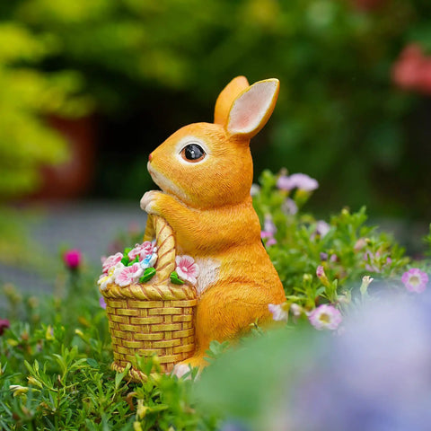 Outdoor Garden Solar Rabbit Light Statue With Lit LED Lighting Hand Painted Resin Bunny Decor in flower garden