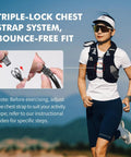 Triple-lock chest strap on Super Light And Breathable Running Hydration Vest For Guys And Gals On The Trails 10 Liter Capacity To Carry All Your Essentials Without Weighing You Down Mesh Panels Let Air Flow To Beat The Heat On Epic Long Runs