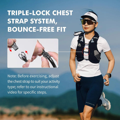 Triple-lock chest strap on Super Light And Breathable Running Hydration Vest For Guys And Gals On The Trails 10 Liter Capacity To Carry All Your Essentials Without Weighing You Down Mesh Panels Let Air Flow To Beat The Heat On Epic Long Runs