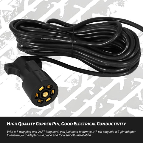 Close-up of black round 7-pin trailer light plug with long coiled cable and gold pins