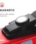 Close-up of Slim 6694 Red Rechargeable Flashlight pocket clip and magnetic base for hands-free work.