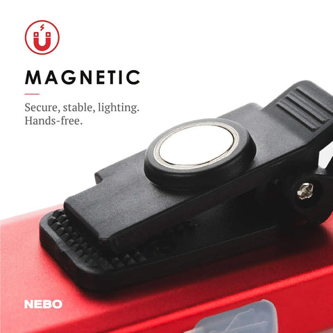 Close-up of Slim 6694 Red Rechargeable Flashlight pocket clip and magnetic base for hands-free work.