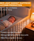Sleeping baby in crib lit by Amber LED Edison Light Bulb 2000K Soft Warm Dim Low Watt E26 Base Energy Efficient