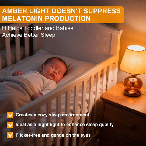 Soft Amber LED Edison Bulbs A15 2W 2000K warm glow in a cozy nursery with a sleeping baby and lamp on a nightstand
