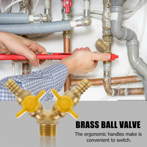 Heavy Duty Brass Y Type Gas Ball Valve With Solid Three Way Build And Dual Quick Hook Up Port Fittings For Dead Shut Off Seal Dependable Pipe Heater Regulation And Easy Twist Operation Daily installed in piping system for easy operation.