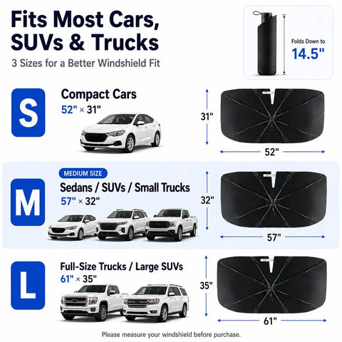 Image showing various sizes of Upgraded Windshield Sun Shade Umbrella For Car With Reinforced Frame And UV Block Heat Shield