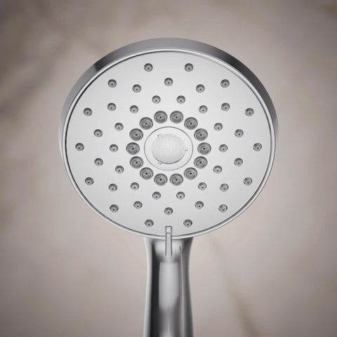 Close-up of Forté Four-Function Handshower in polished chrome, showing spray nozzles for full coverage, pulsating massage, and silk spray.