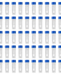 Set Of 50 Clear 5ml Plastic Vials With Graduated Measurements Blue Screw Caps See Through Body And Easy Snap On For Grab And Go Sampling Of Liquids Powders And Small Solids In Labs Crafters Or Field Work. 50 clear 5ml plastic vials with blue screw caps