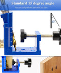 Detailed view of All In One Pocket Hole Jig Kit Pro Grade showing 15 degree locator mechanism for precise angled drilling.