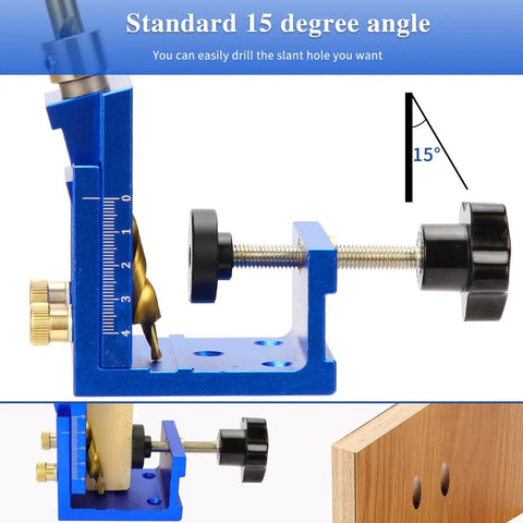 Detailed view of All In One Pocket Hole Jig Kit Pro Grade showing 15 degree locator mechanism for precise angled drilling.
